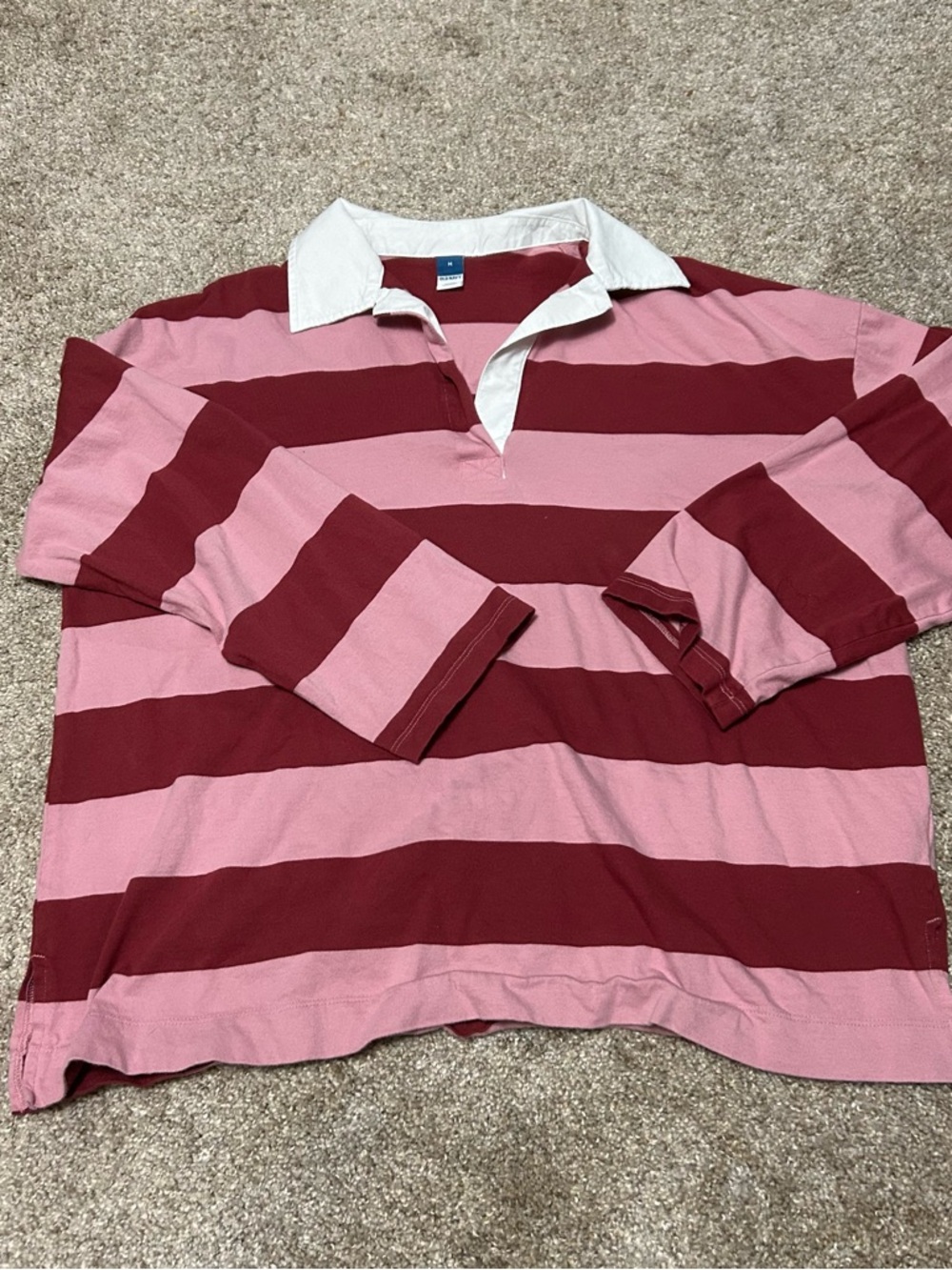 Old Navy Pink and Burgundy Striped Rugby Shirt with White Collar